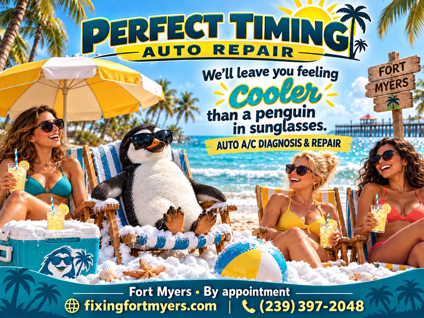 Perfect Timing Auto Repair A/C ad: a penguin in sunglasses surrounded by snow on a sunny beach. We’ll leave you feeling cooler than a penguin in sunglasses. Call (239) 397-2048.