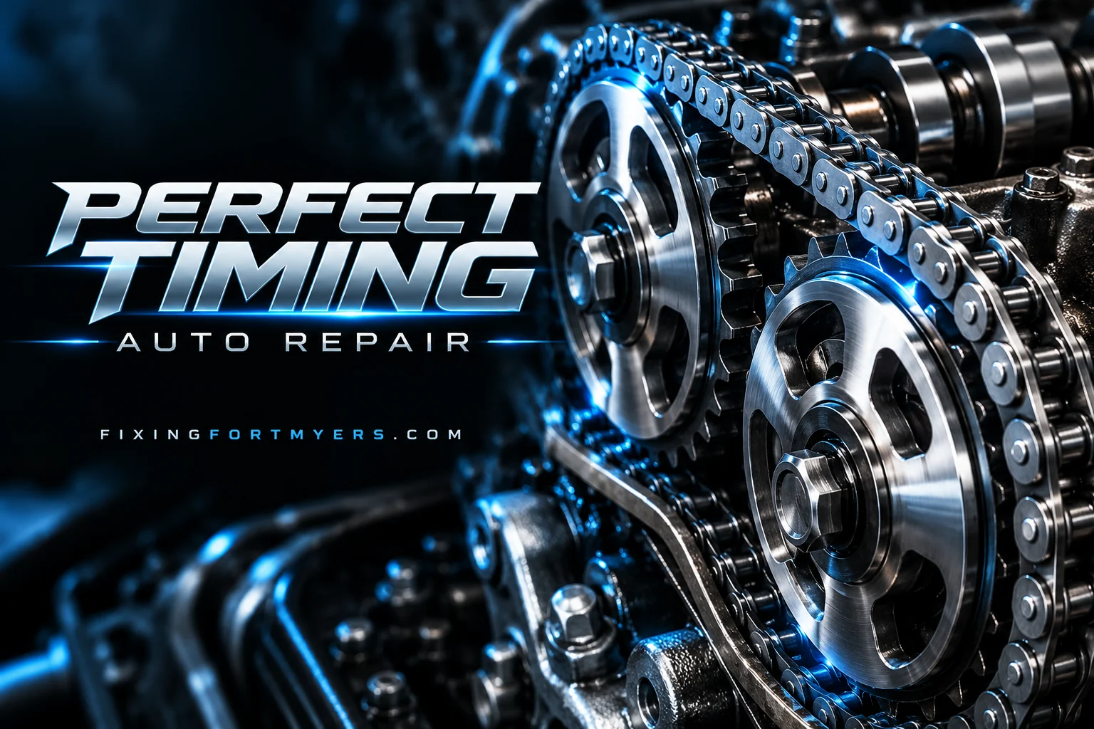 Perfect Timing Auto Repair artwork with polished timing-chain gears and blue lighting